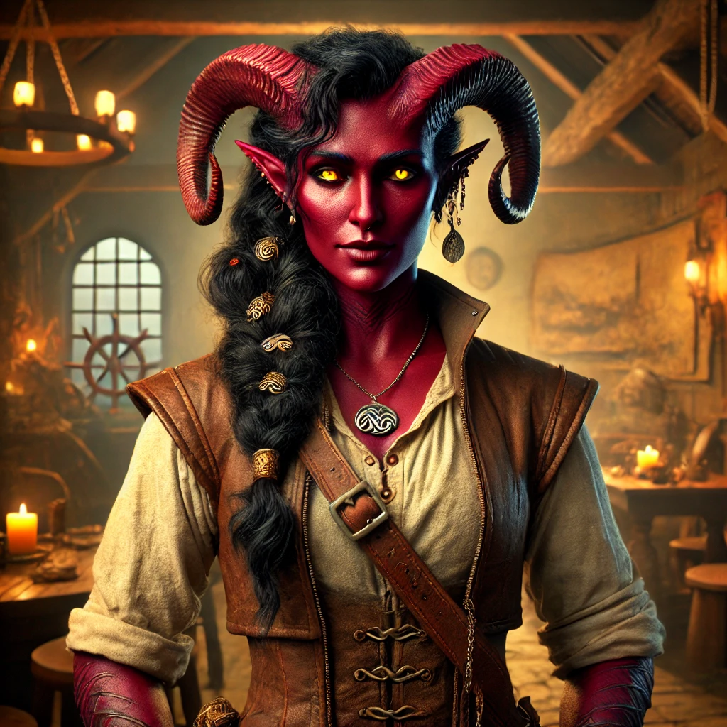 DALL·E 2024-12-30 23.14.15 - A robust and charismatic Tiefling woman, Madra Sturmkranz, set in a cozy fantasy tavern near the harbor. She has ruby-red skin, smaller elegant curved.webp